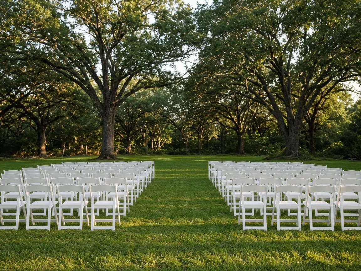 Representative photo of white folding chairs in rows on a lawn.
