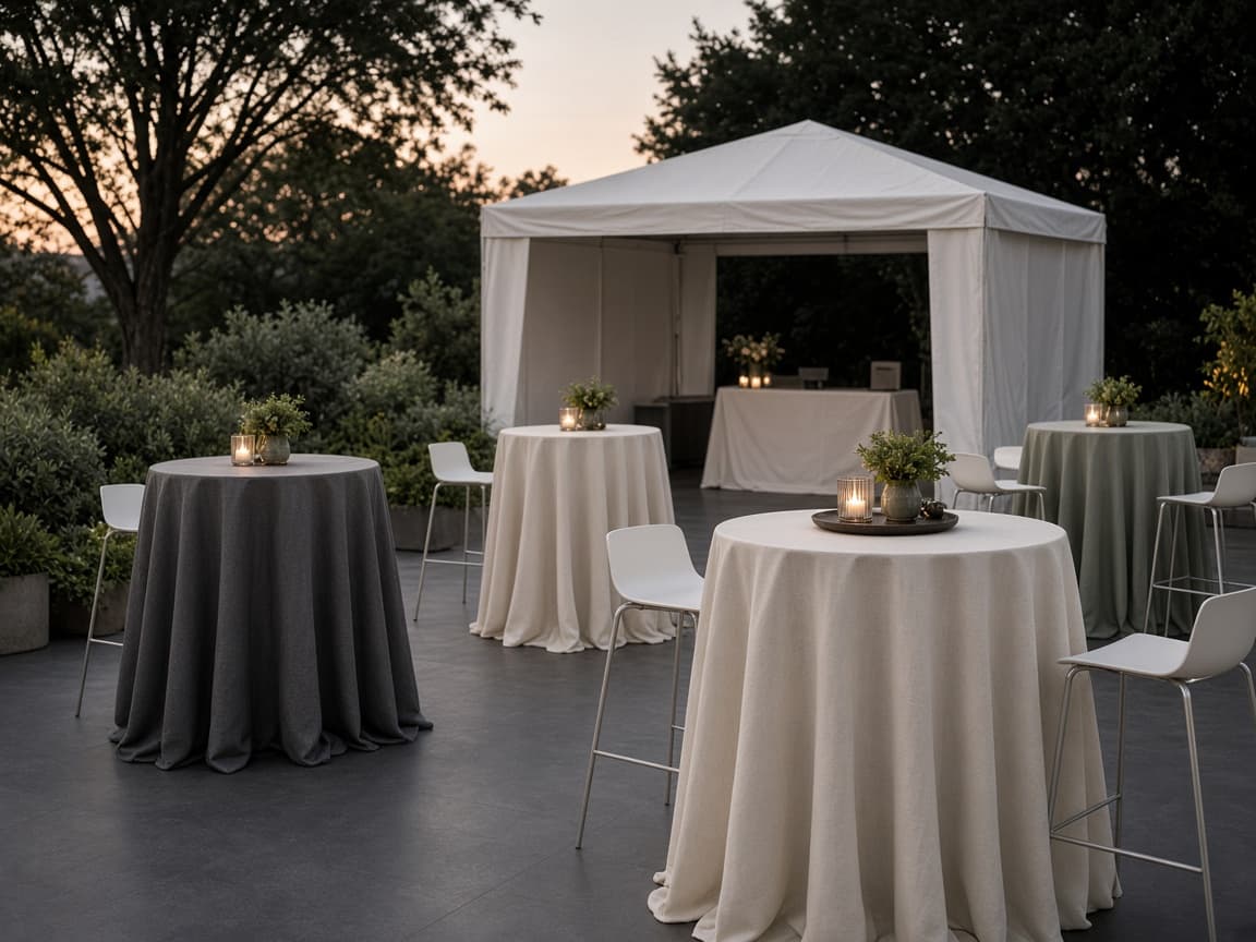 Representative photo of cocktail high-top tables and a small check-in canopy.