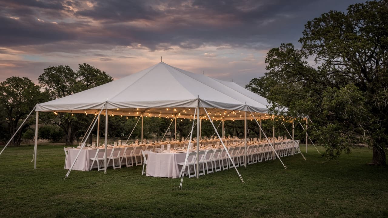 Representative photo of a high-peak frame tent at dusk, with Edison bulbs, banquet tables, and white folding chairs.